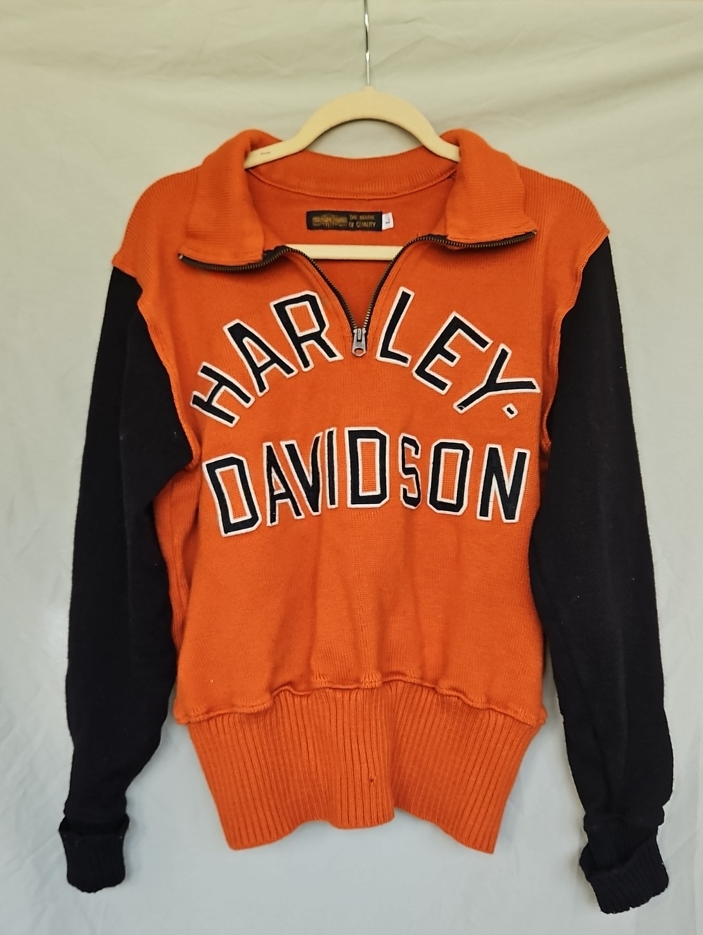 Vintage Harley-Davidson Men’s Orange and Black Half-Zip Sweater, Size L